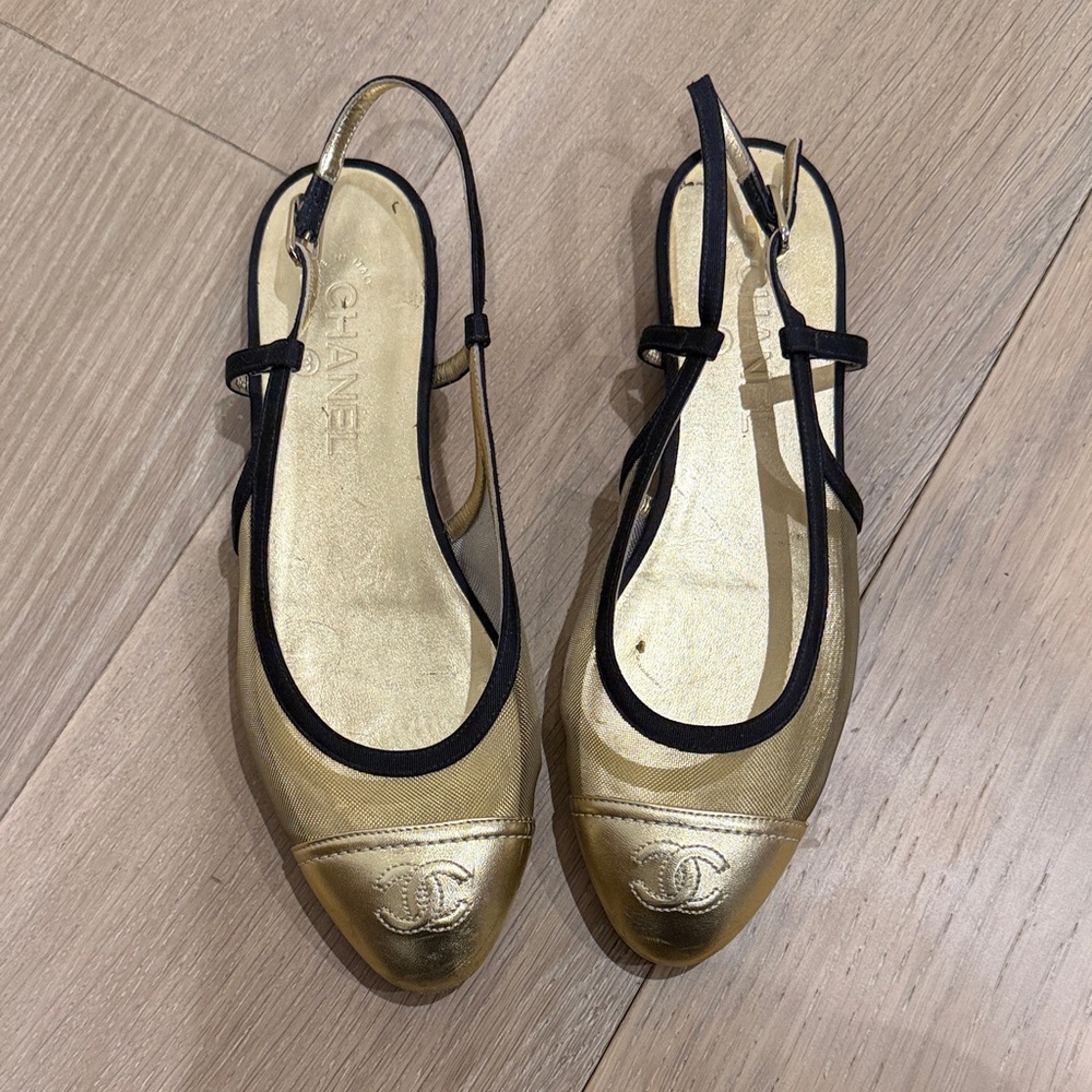 CHANEL Women's Gold and Black Flats